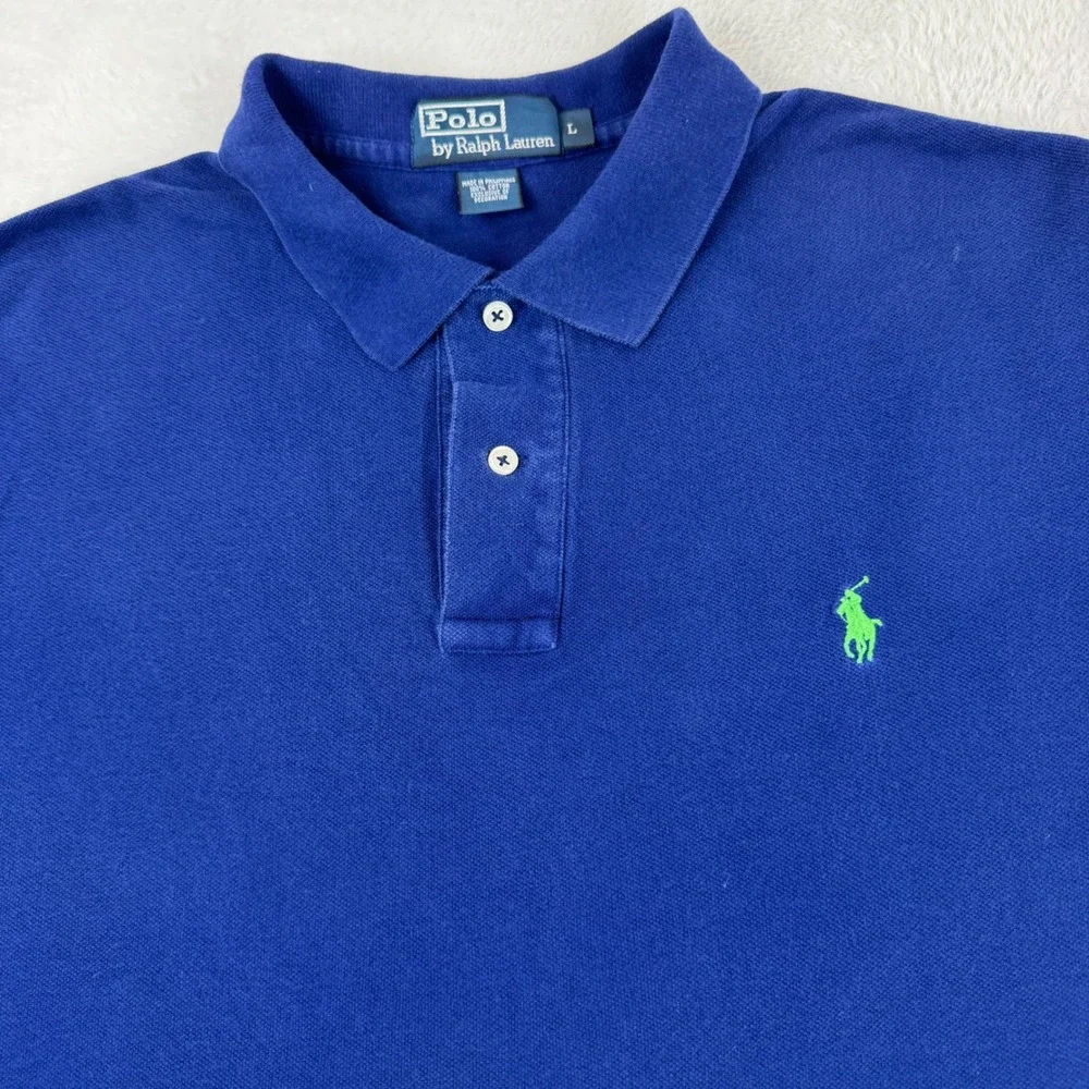 Polo Ralph Lauren Polo Shirt Mens L Blue Lime Green Pony Short Slv Pique Cotton